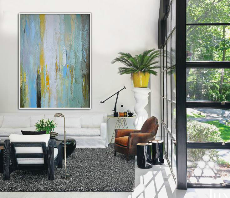 Hand Painted Extra Large Abstract Painting,Vertical Palette Knife Contemporary Art,Handmade Acrylic Painting,Blue,White,Yellow,.etc - Click Image to Close